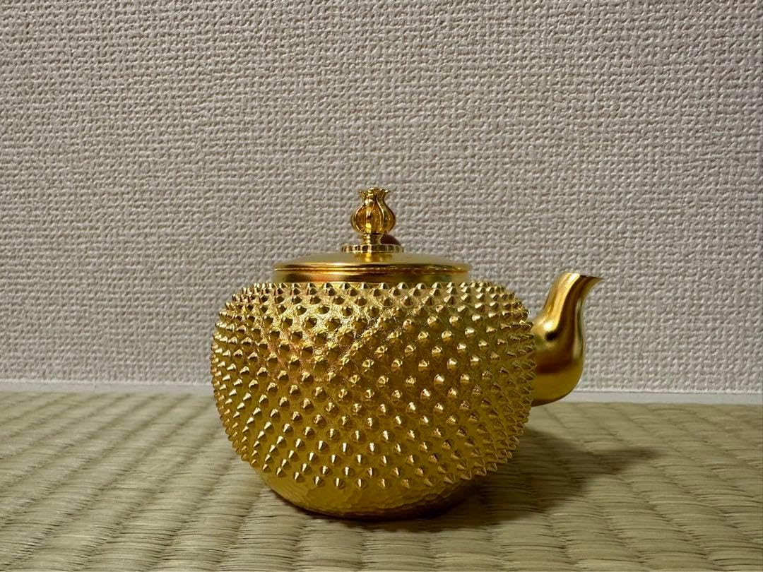 時代 純銀製 光南 玉霰打出 金メッキ 蕾摘 横手急須 工芸品 美術品